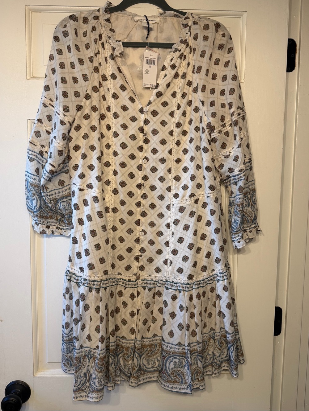 Lucky Brand Cream Mini Dress with Blue and Brown Print